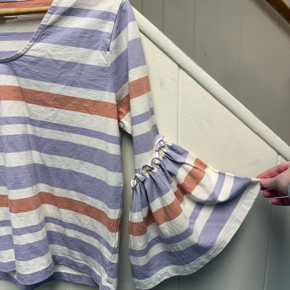 Madewell Fairhaven Peach and Lavender Striped Ruffle Bell Sleeve Top Size Small - Picture 3 of 5